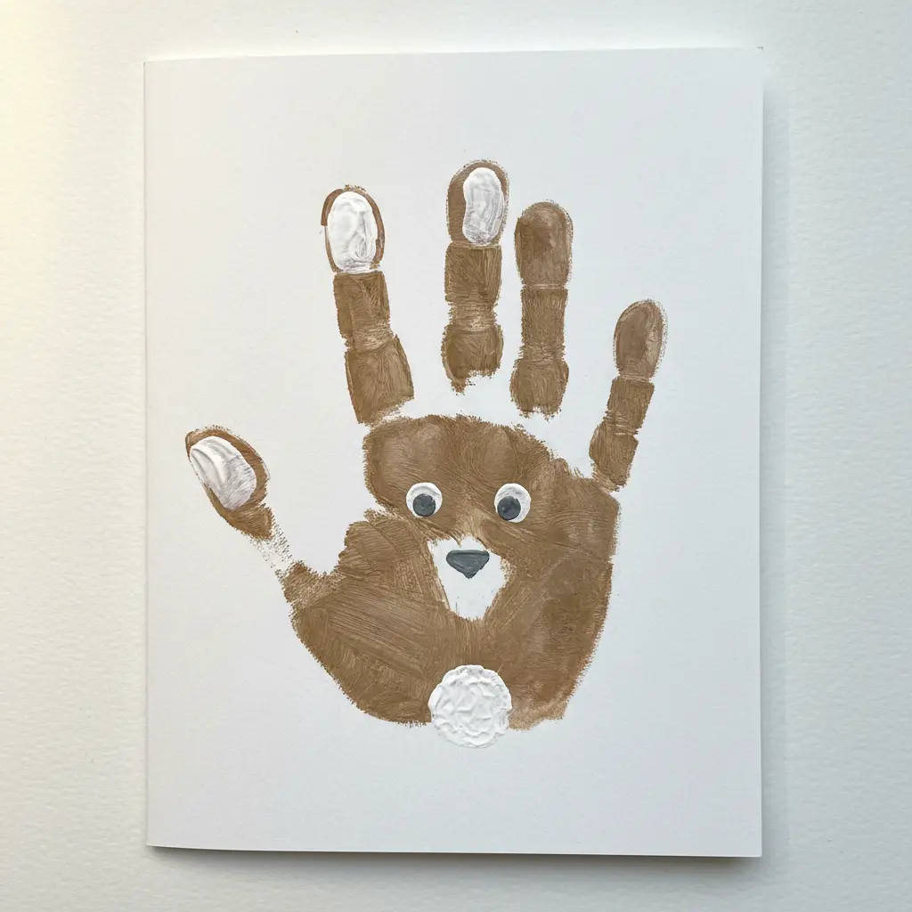 A folded greeting card showing a brown painted handprint transformed into a bunny with added painted ears and whisker details.