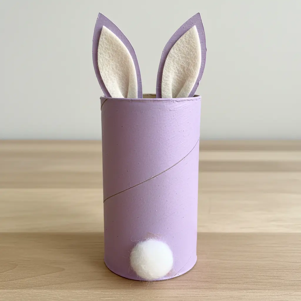 A standing bunny figure crafted from a painted cardboard tube, topped with felt ears and a small fluffy tail on a wooden base.