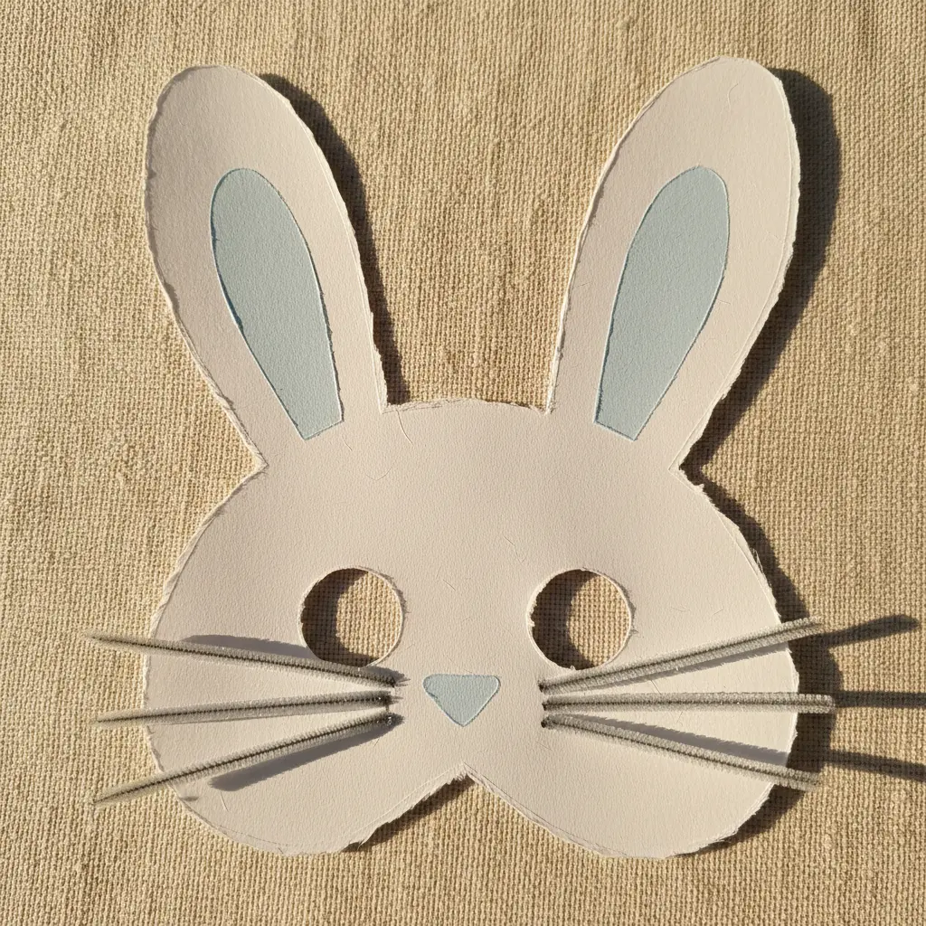 A child wearing a white paper plate mask cut into a bunny face with pink inner ears, pipe cleaner whiskers, and eye holes.