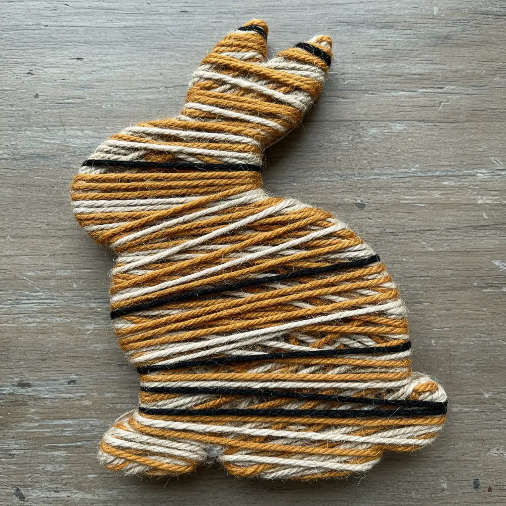 A cardboard bunny shape tightly wrapped in soft cream-colored yarn, accented with mismatched buttons for eyes and felt ears.