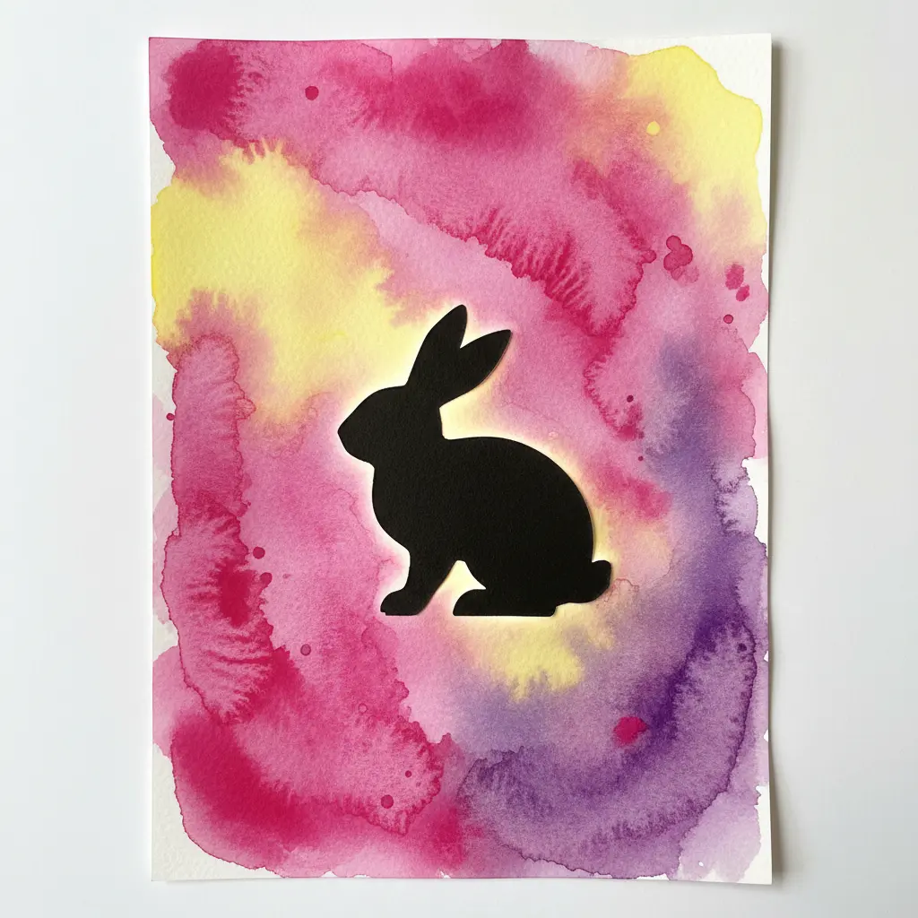 A black cardstock bunny silhouette centered on a paper filled with blended pink, purple, and yellow watercolor washes.