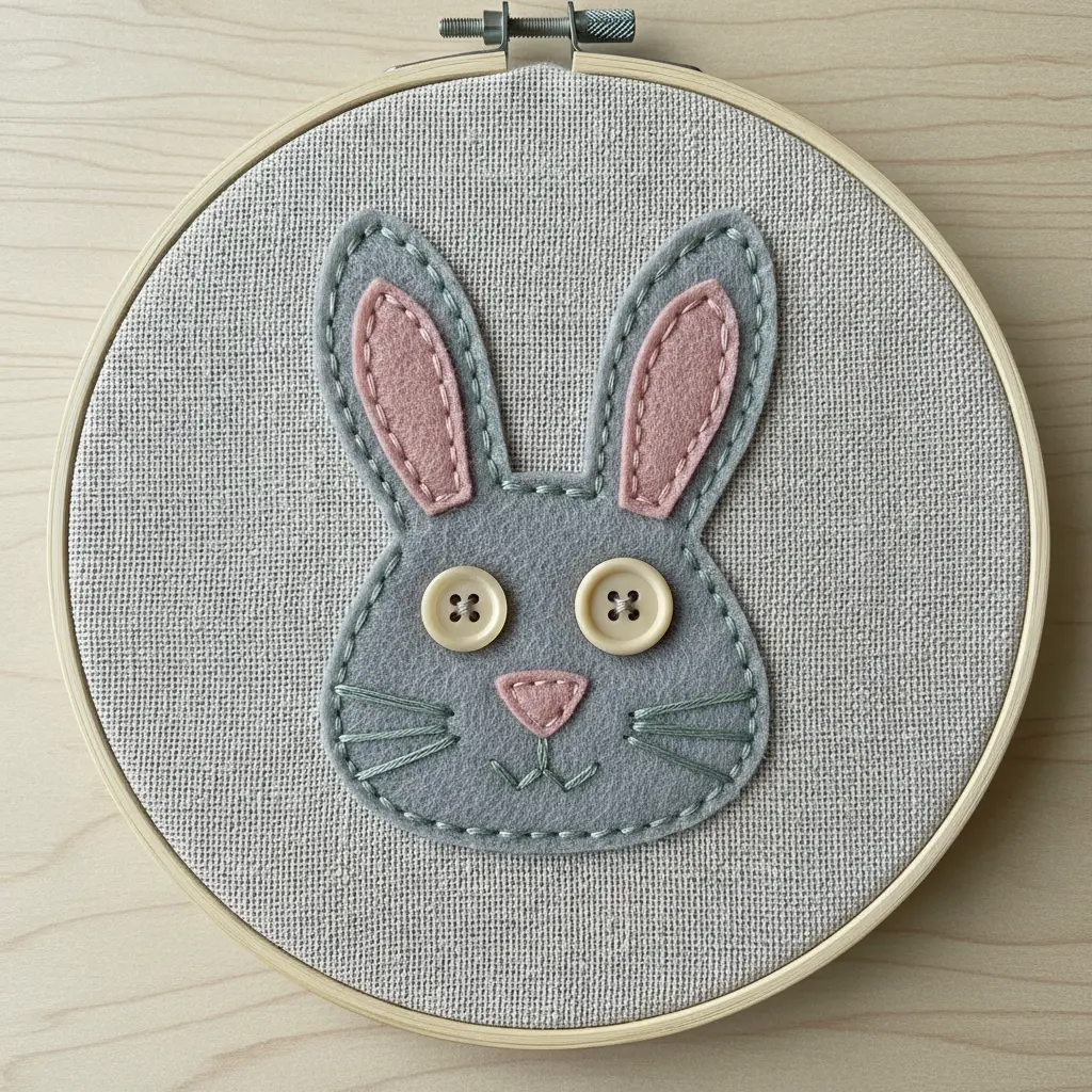 An embroidery hoop displaying a stitched felt bunny face applique with layered soft pink and grey felt pieces on linen fabric.