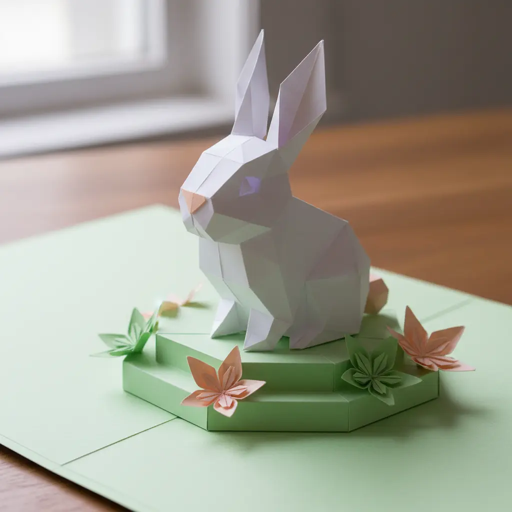 An open greeting card revealing a white cardstock bunny that pops up from a spring green paper scene with folded paper flowers.