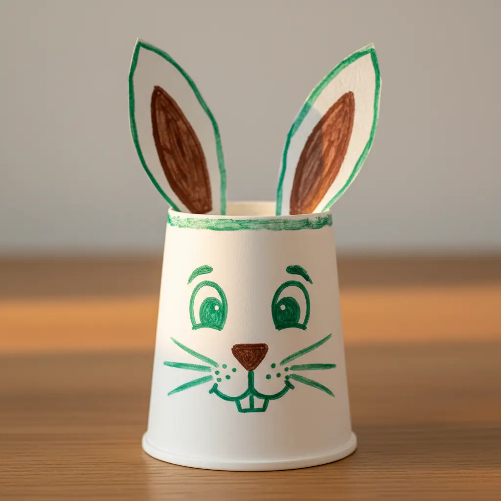 A white paper cup decorated with a painted bunny face and paper ears, filled with green shredded paper and small chocolate eggs.