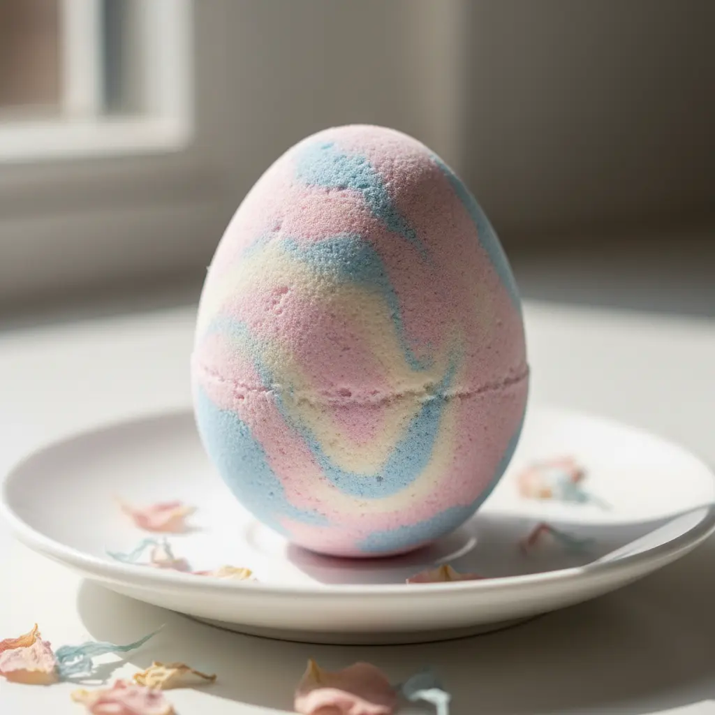 Pastel pink and blue swirled egg-shaped bath bomb on white surface with scattered flower petals.
