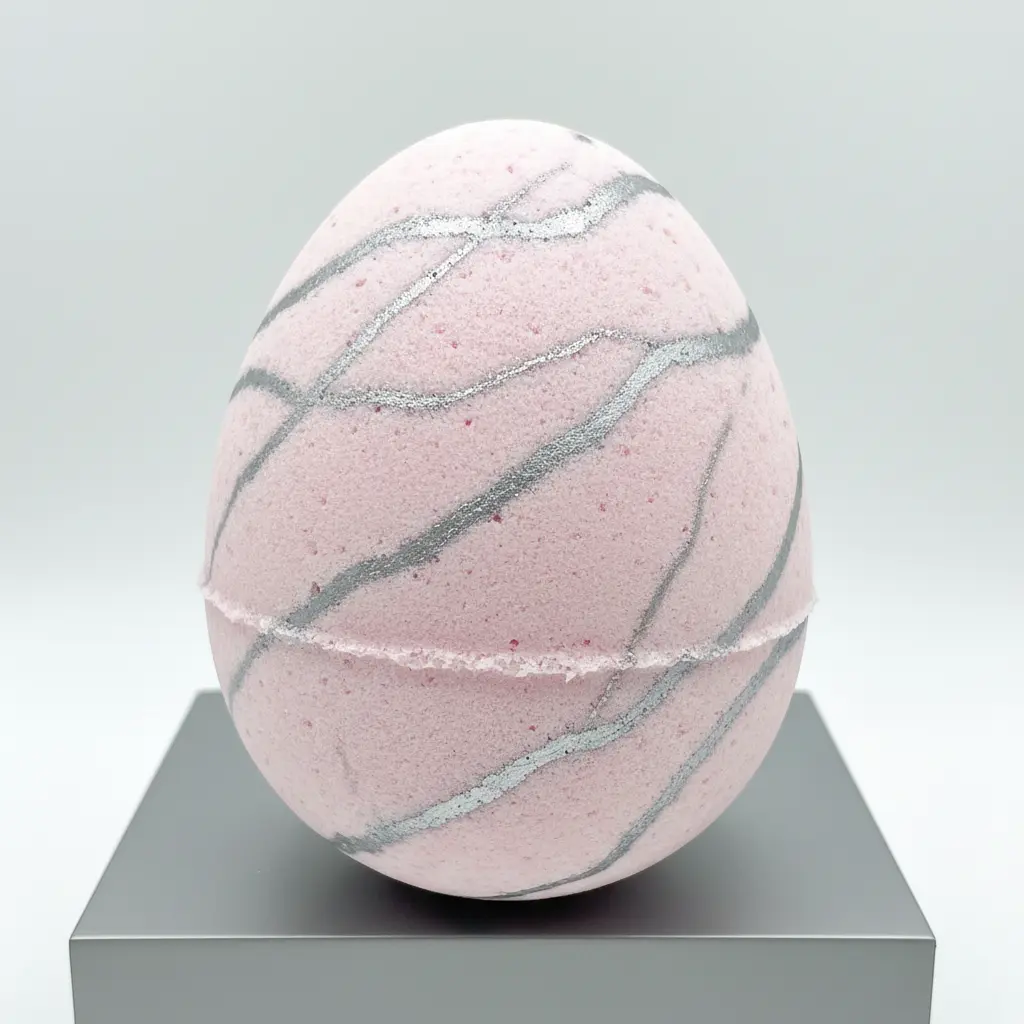 Egg-shaped bath bomb with delicate metallic silver veins over a pale pink base, displayed on a grey surface.