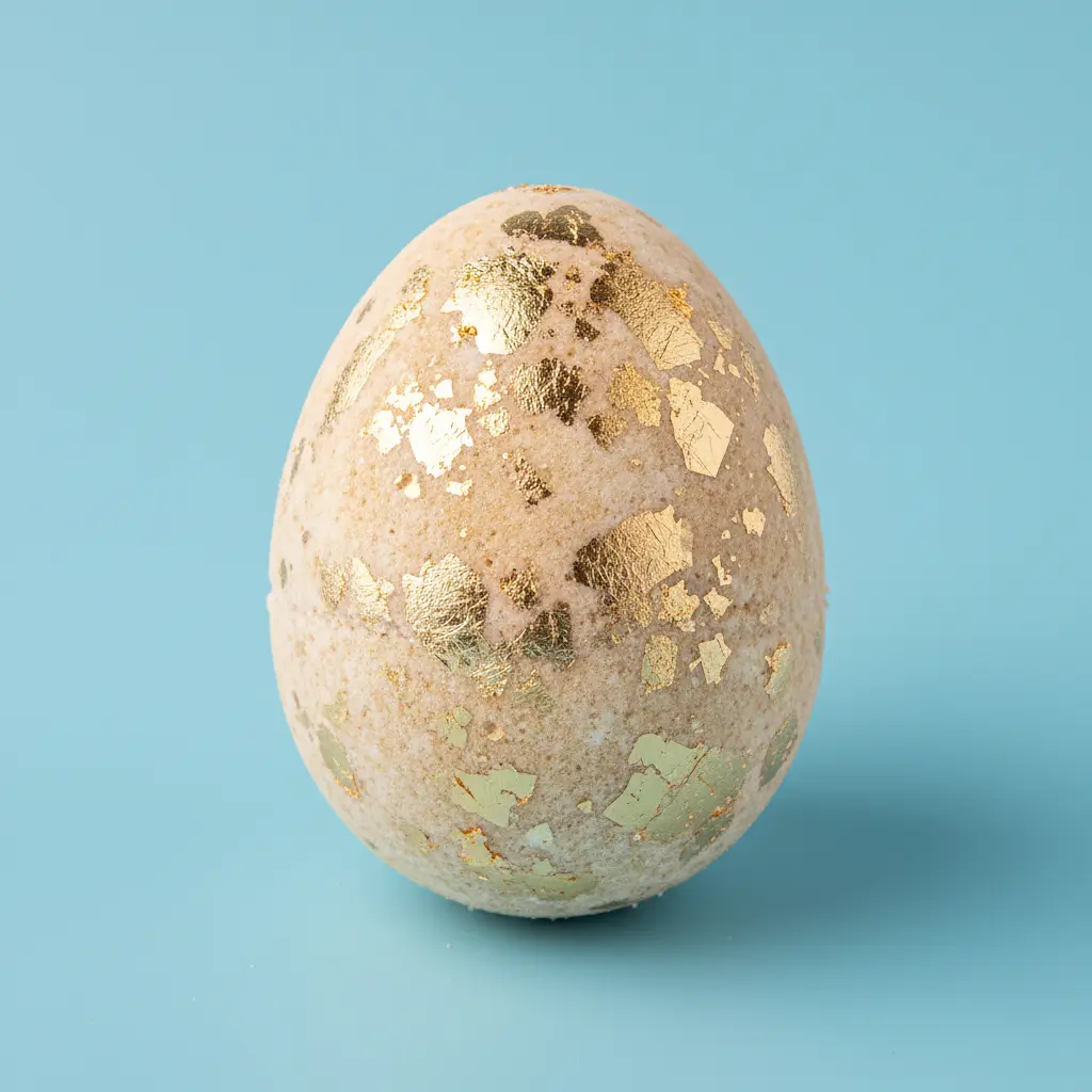 Close-up of a gold leaf speckled egg-shaped bath bomb on a pastel blue background with small gold flakes visible.