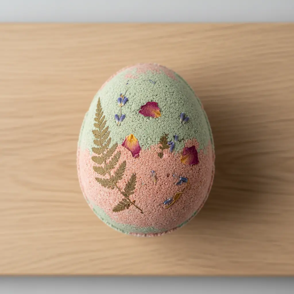 Egg-shaped bath bomb embedded with small dried pink and yellow flower petals on a wooden surface.
