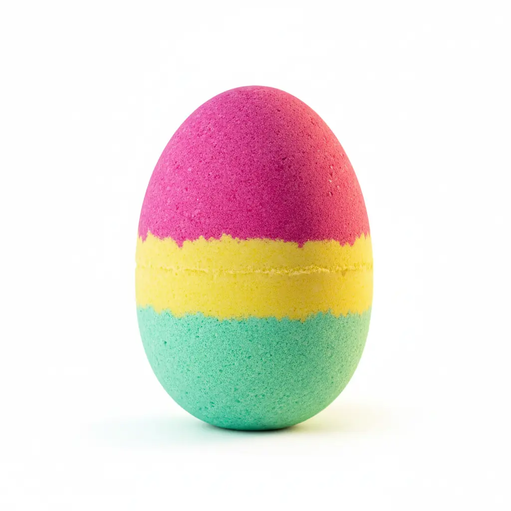 Three-layered neon striped egg-shaped bath bomb with pink, yellow, and green bands on a white background.