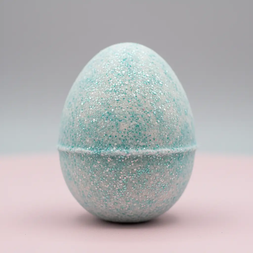 Egg-shaped bath bomb coated in fine biodegradable glitter, sparkling on a light pink surface.