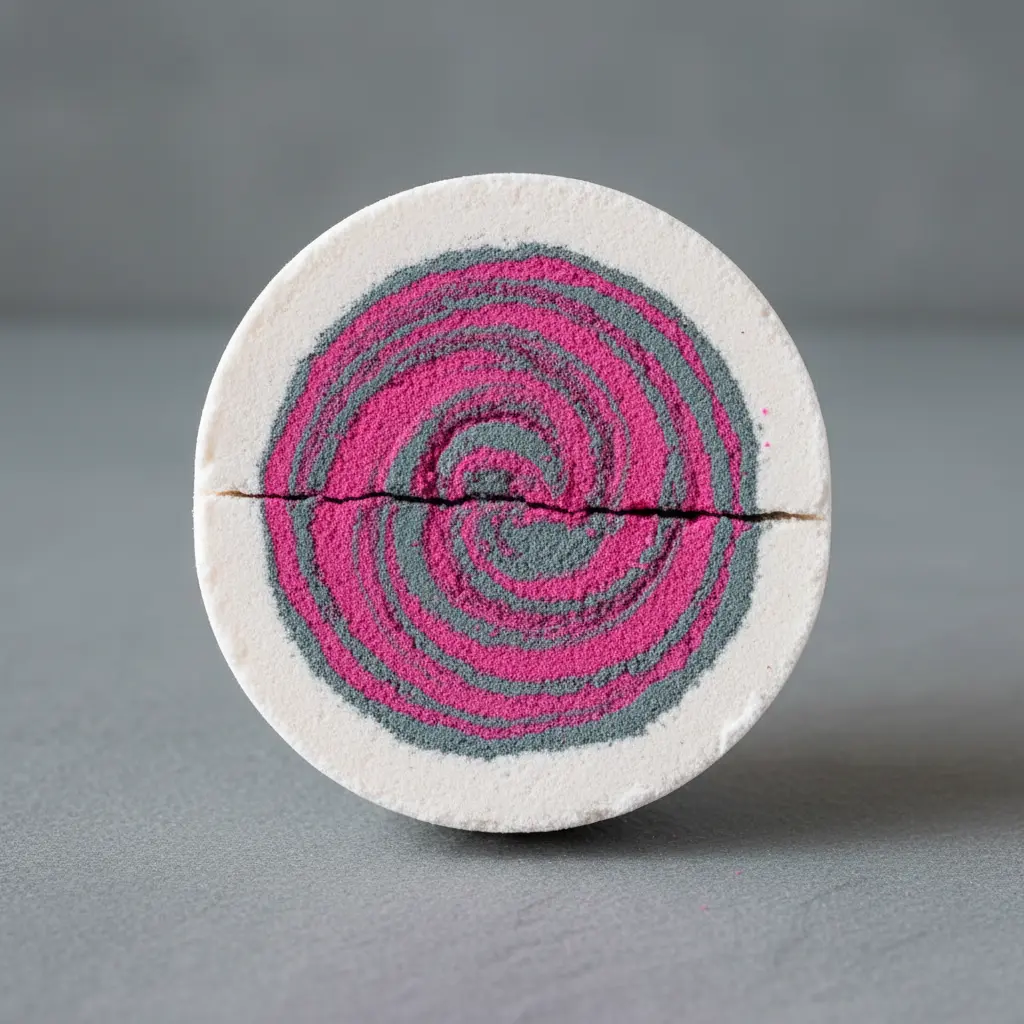 Cross-section of an egg-shaped bath bomb revealing a bright pink hidden color core against a white exterior.
