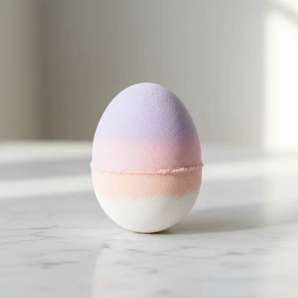 Ombre egg-shaped bath bomb with a gradient from light purple at top to soft pink at bottom, on a marble surface.