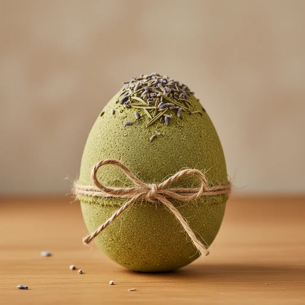 Egg-shaped bath bomb topped with dried rosemary and lavender sprigs, tied with a natural twine bow.
