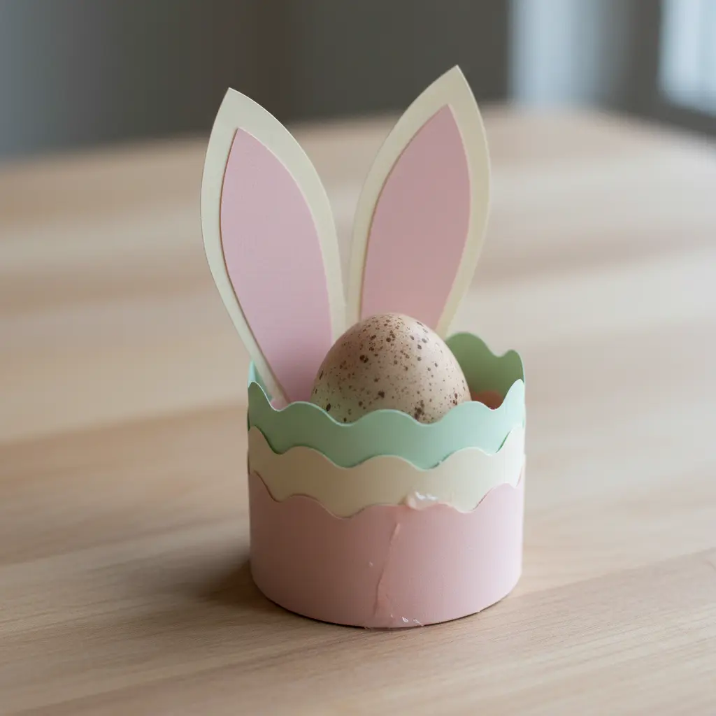 A pastel pink paper egg cup with two tall, pointed bunny ears.