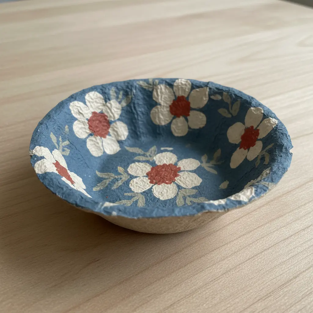 A shallow, off-white paper mache bowl hand-painted with delicate blue floral patterns.