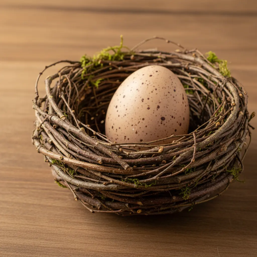 A small, round nest constructed from thin brown twigs holding a speckled egg.