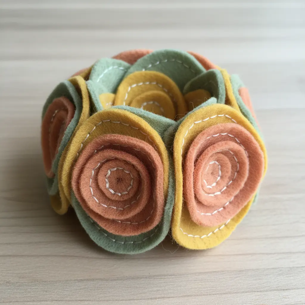 A soft green felt base with layered pink and yellow felt petals forming a cup.