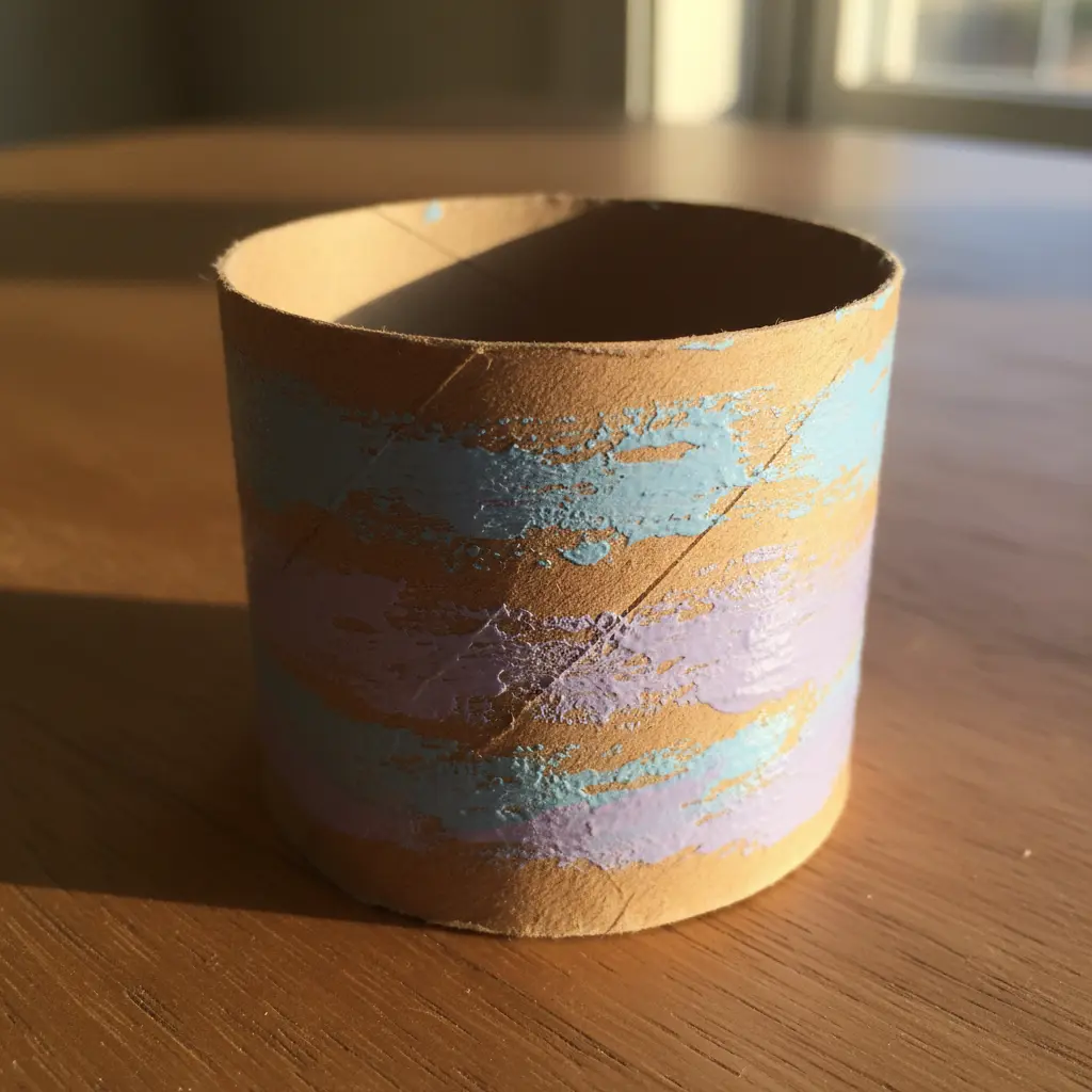 A short cardboard cylinder painted with pastel stripes, acting as an egg ring.