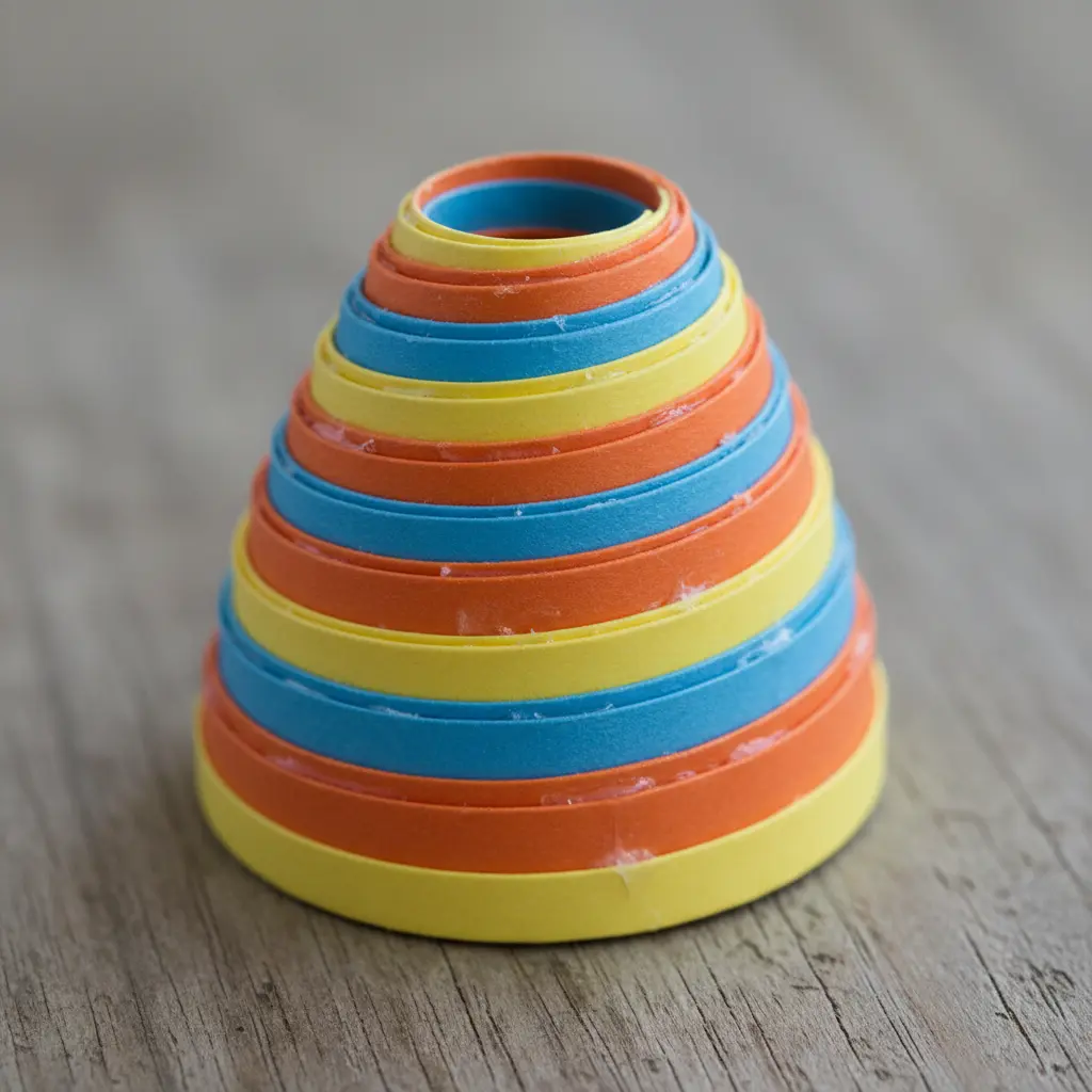 A small cone-shaped cup made from tightly rolled strips of multicolored paper.