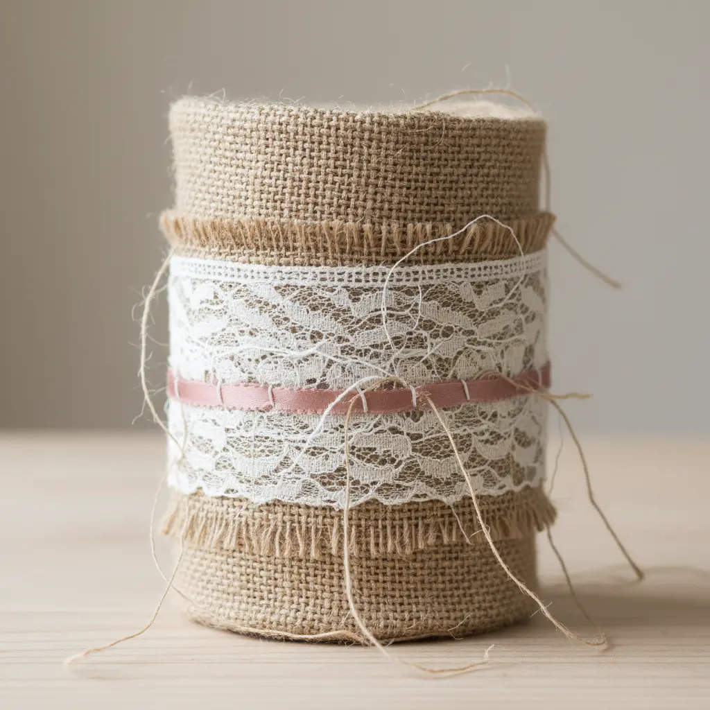 A small, textured burlap cup with a strip of white lace trim around the top edge.