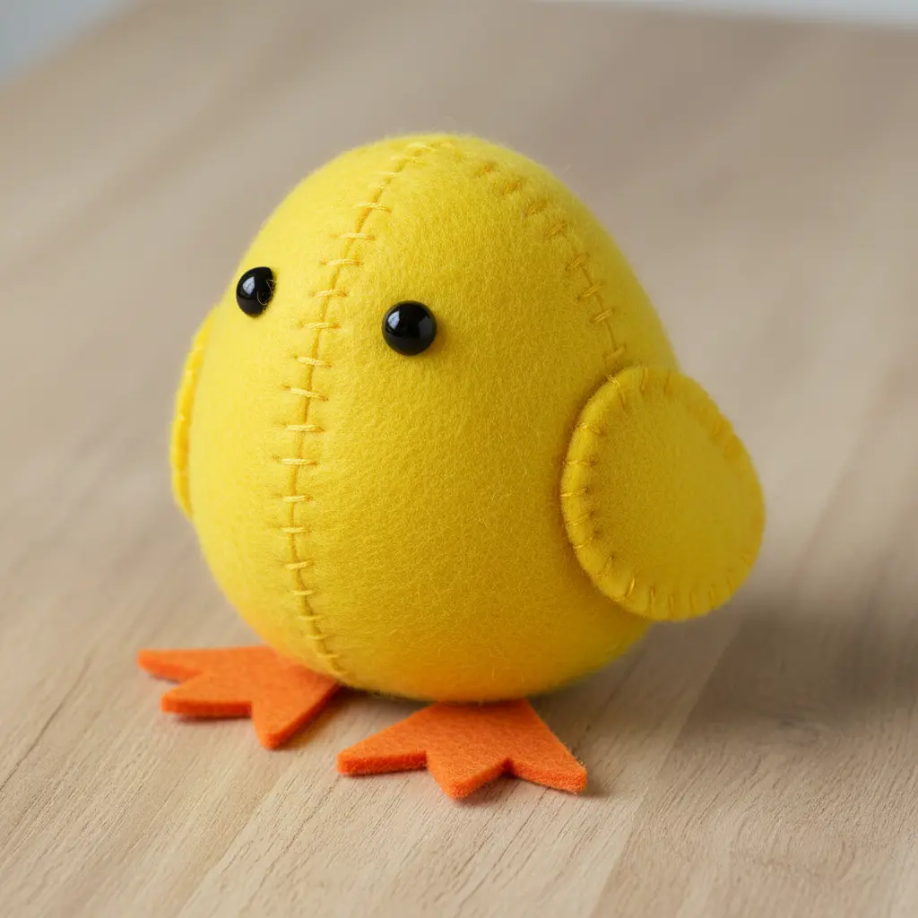 A yellow felt chick with black bead eyes and orange felt feet, wrapped around an egg.