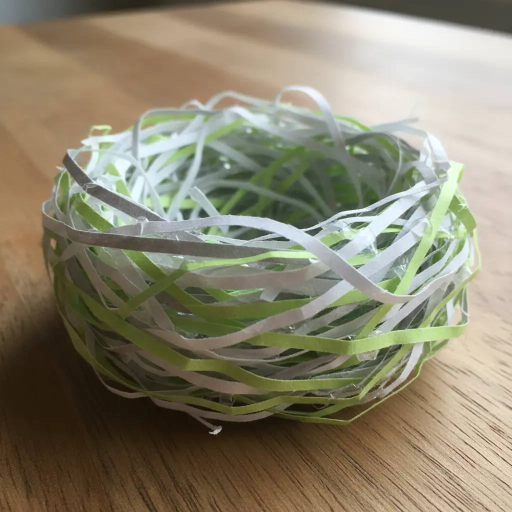 A nest-shaped cup formed from curled strips of green and white shredded paper.