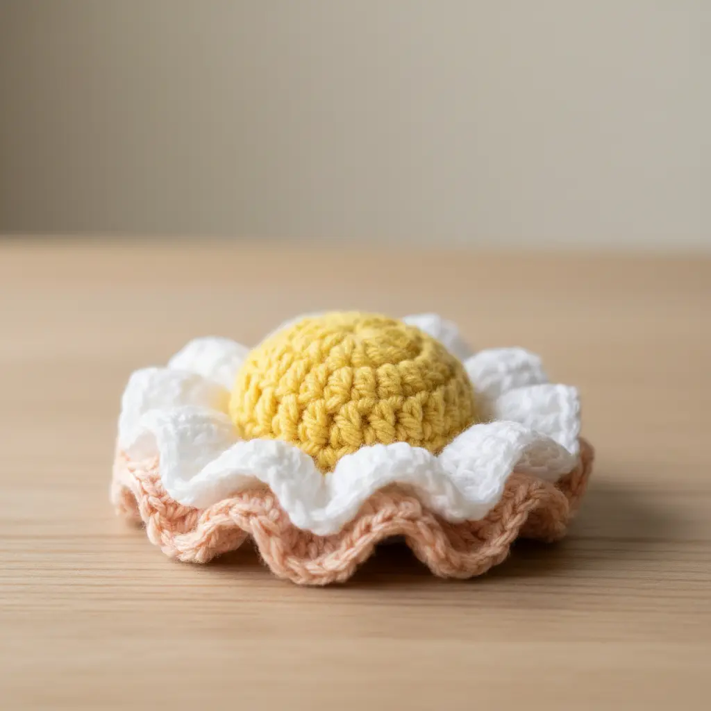 A white crocheted flower with a ruffled edge and a yellow center holding an egg.