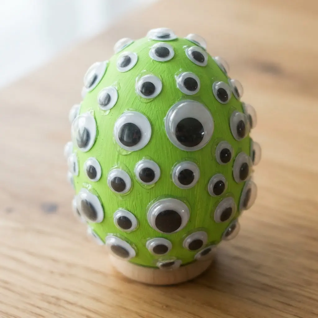 A bright neon green plastic egg covered in multiple sizes of wobbly googly eyes.