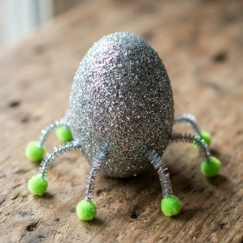 A silver glitter-covered egg with multiple thin pipe cleaner legs and two antennae with pompons.
