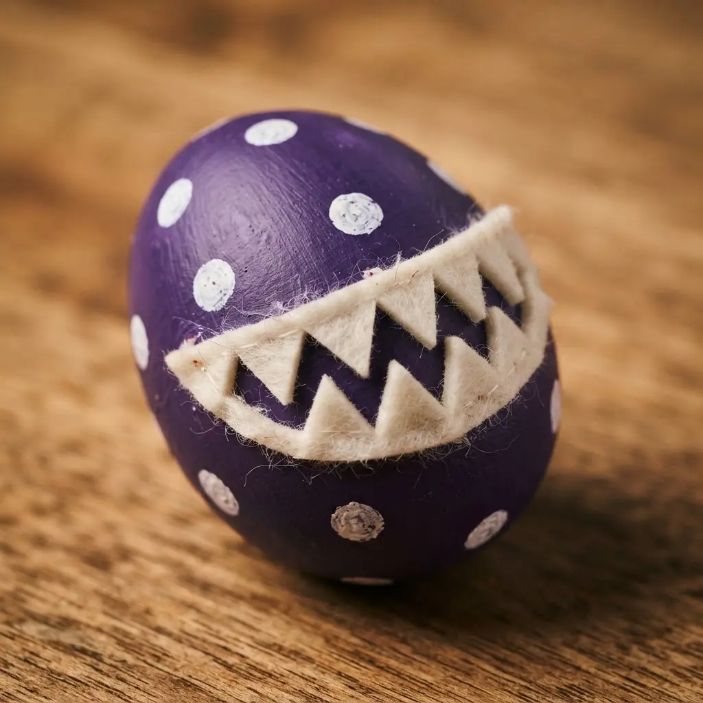 A purple egg covered in white dots, featuring a wide felt mouth with sharp white felt teeth.