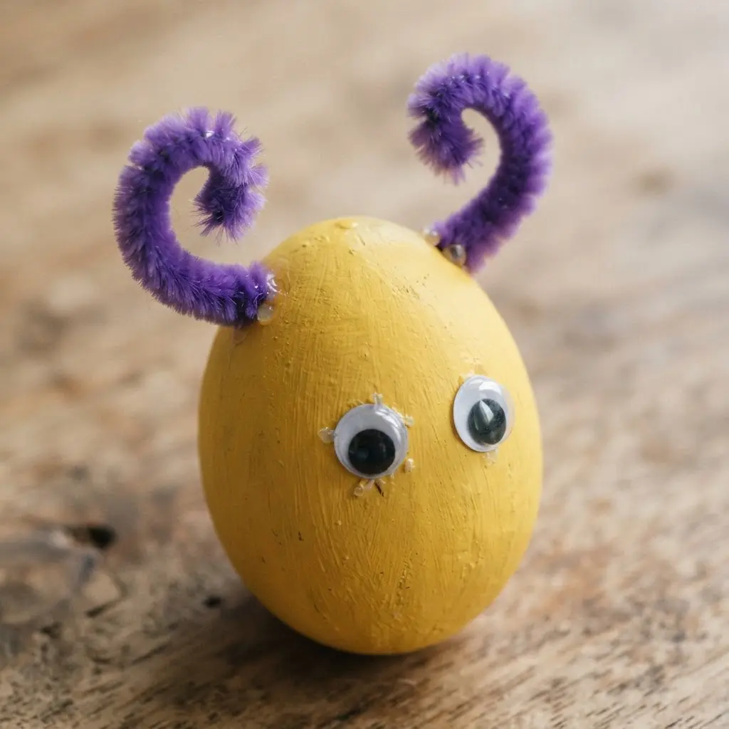 A bright yellow egg with two fuzzy, curly purple pipe cleaner horns and large googly eyes.