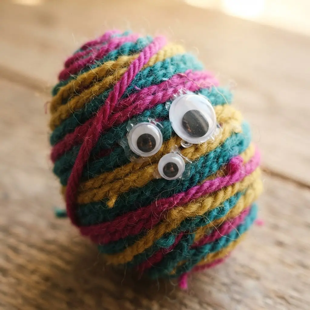 An egg wrapped in thick, multi-colored yarn strands, with several mismatched googly eyes peeking out.