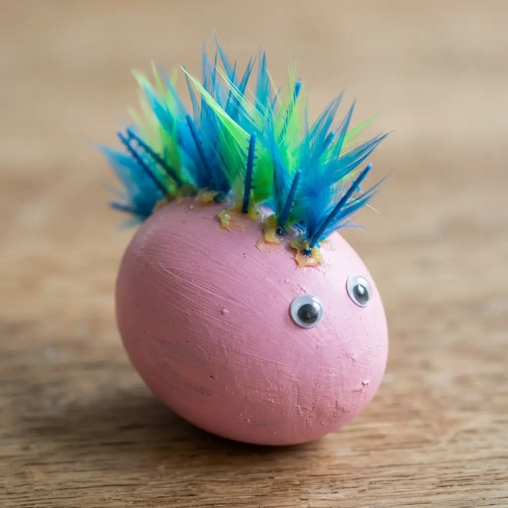 A pink egg with a mohawk of bright, spiky craft feathers and two small googly eyes.