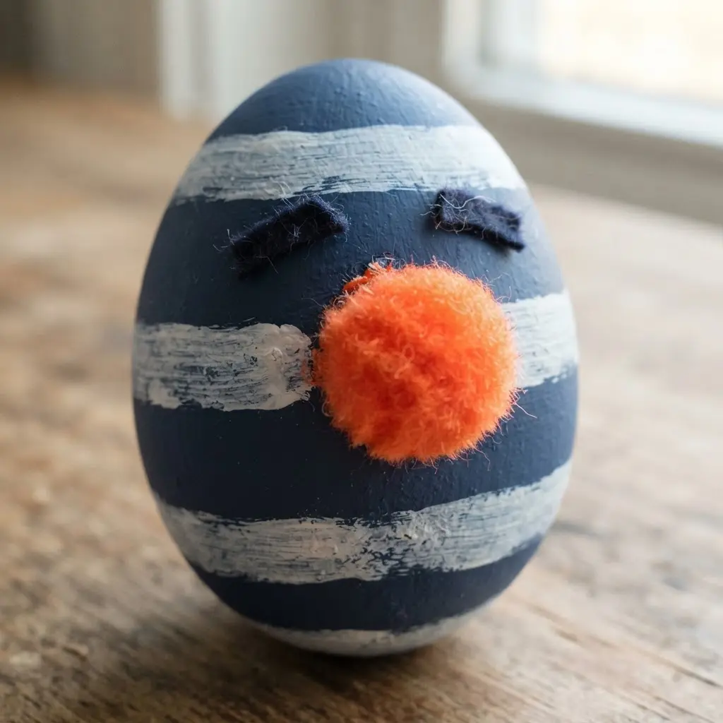A blue egg painted with white stripes, featuring one large orange pompon nose and tiny felt eyebrows.