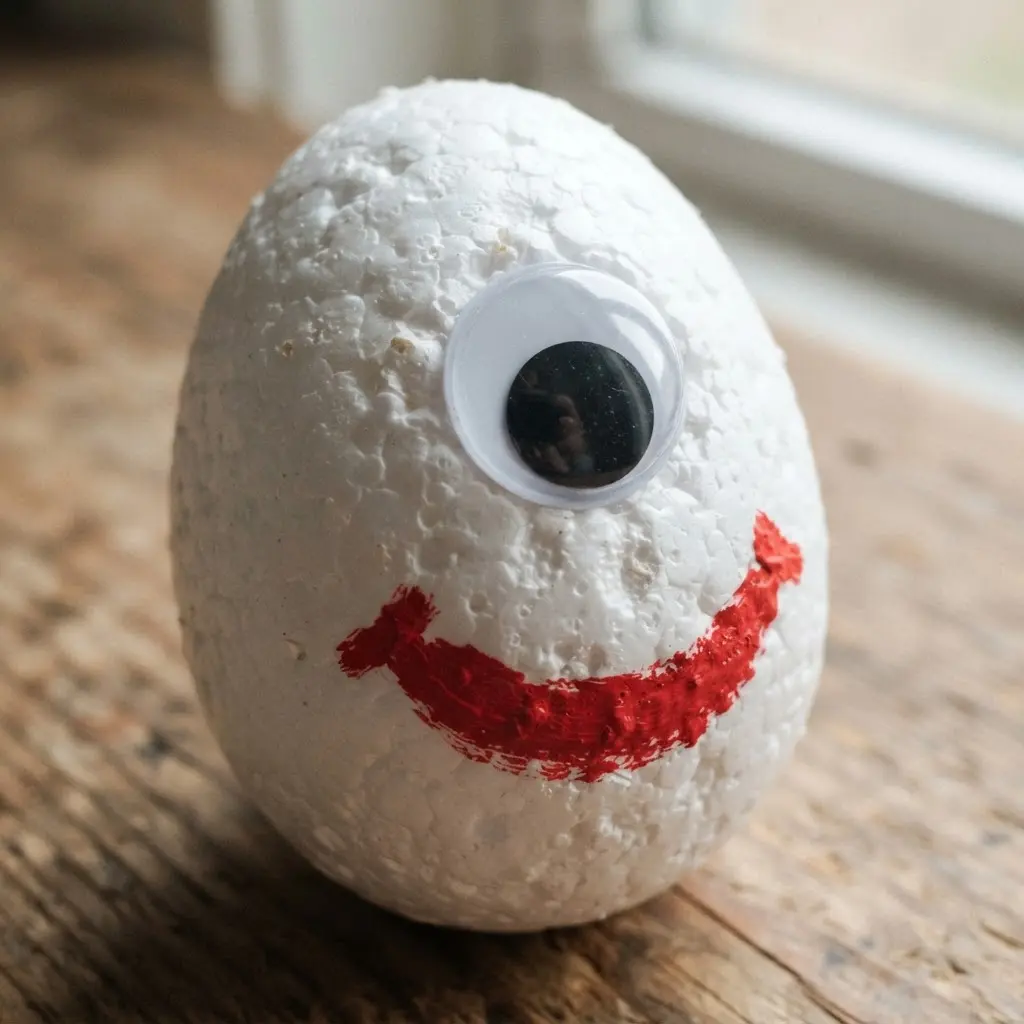 A bumpy white styrofoam egg with a single large googly eye and a painted smiling mouth.
