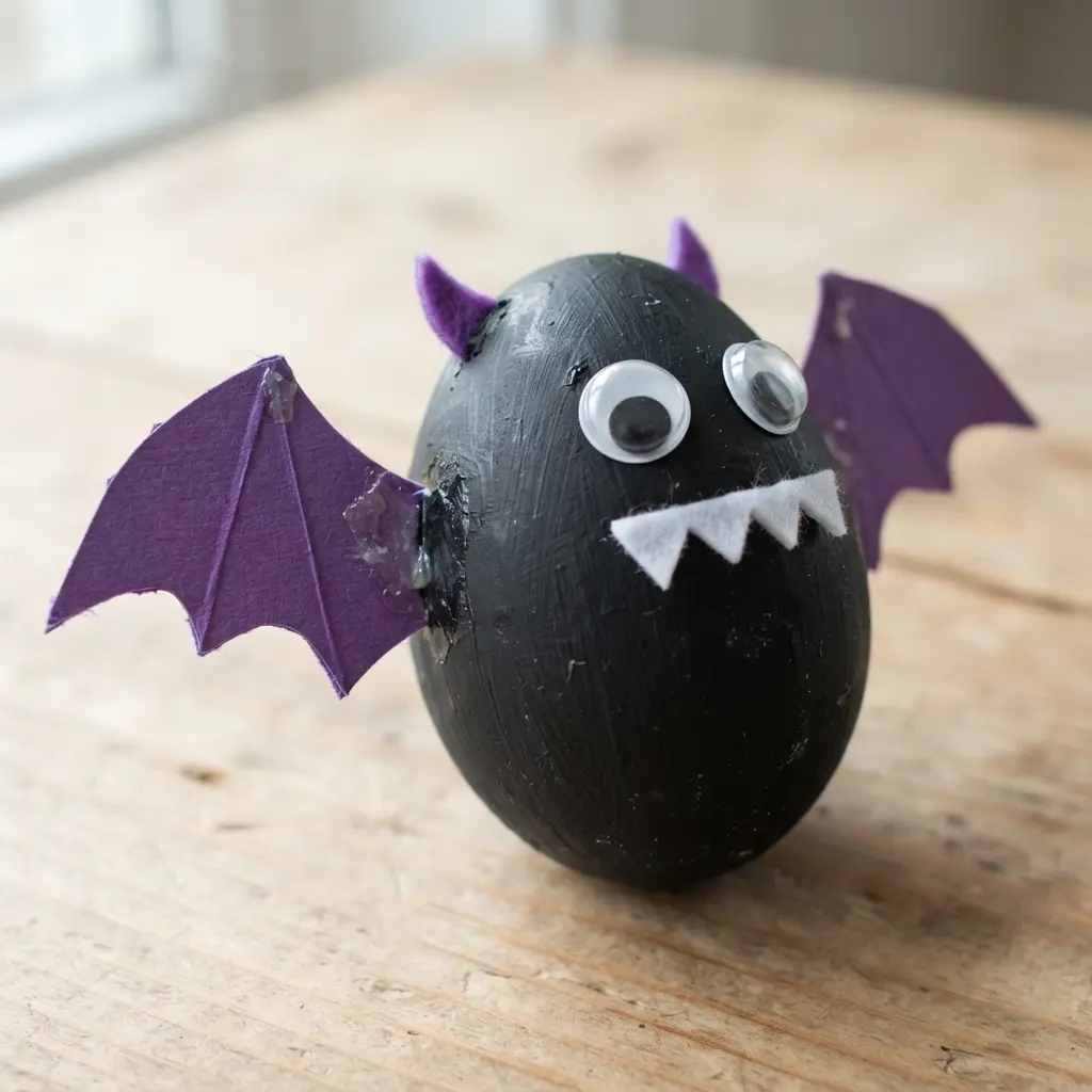 A black-painted egg with two pointed purple construction paper wings glued to its sides.