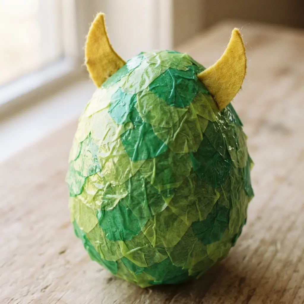 An egg covered in layered, crumpled green tissue paper to create a scaly texture, with yellow felt horns.