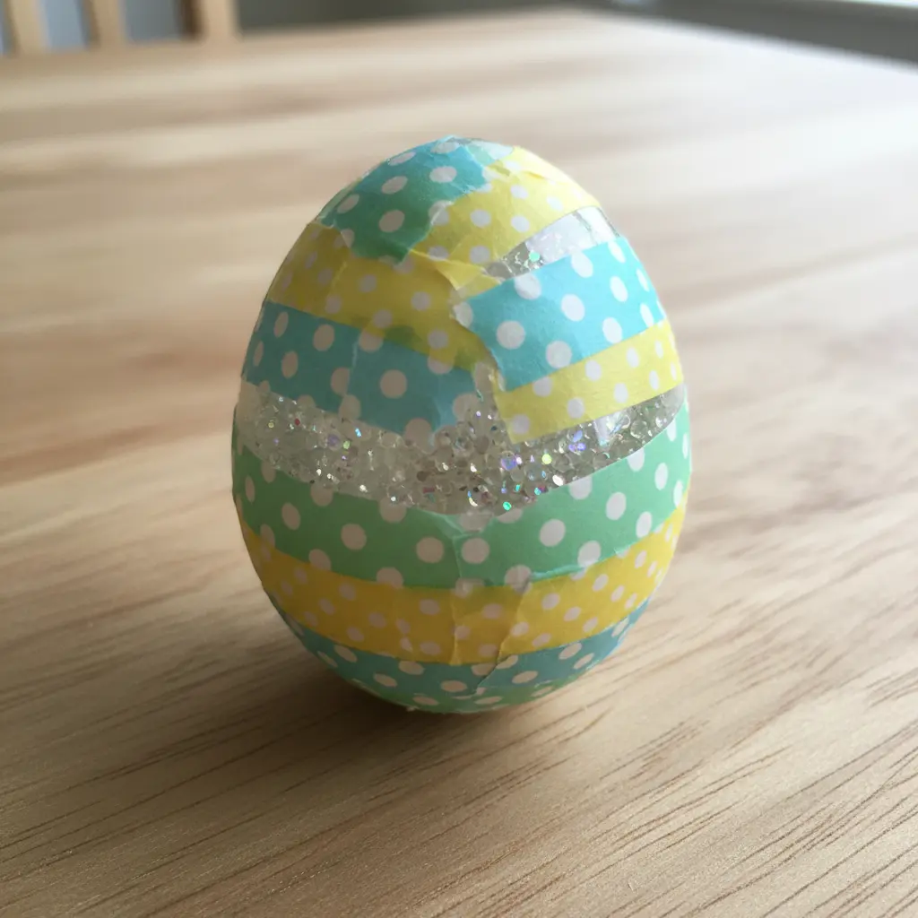 A DIY plastic Easter egg covered in rainbow polka dot washi tape, filled with small beads and sealed shut.