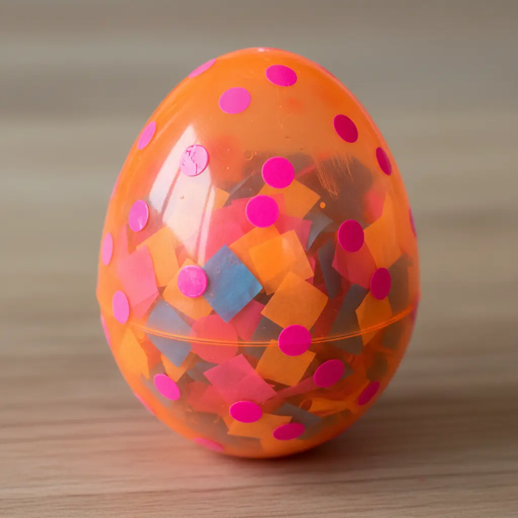 A bright orange egg filled with neon confetti pieces that shake loudly, decorated with neon pink dots on the outside.