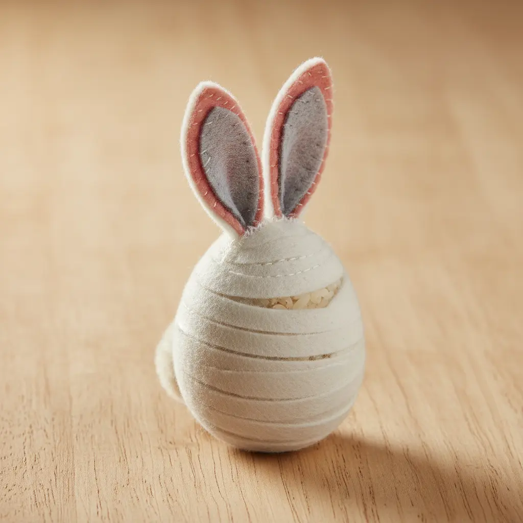 A pink plastic egg with attached white felt bunny ears and a tiny cotton tail, used as a shaker instrument.