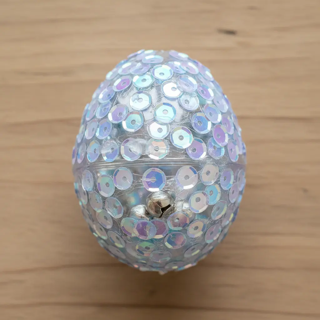 A pastel blue plastic egg covered entirely in iridescent sequins, creating a shimmering musical shaker.