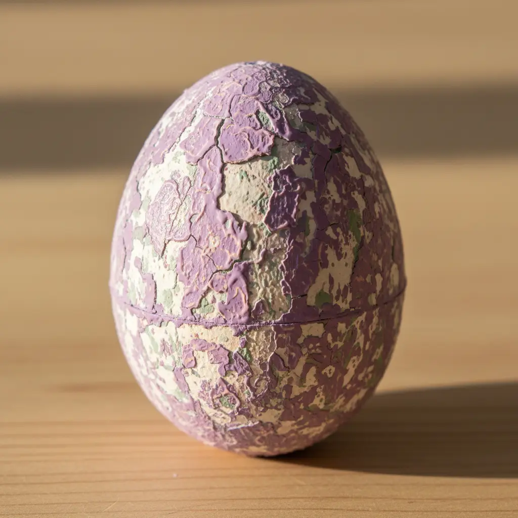 A lavender egg with a cracked crackle paint finish, revealing a slightly distressed, vintage look for a homemade shaker.