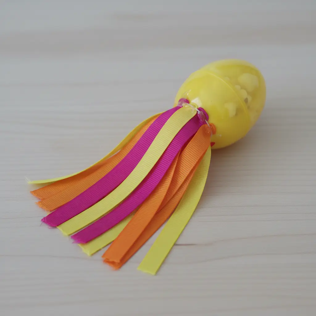 A yellow egg with multicolored ribbon streamers attached to the bottom, forming a festive handle for shaking.