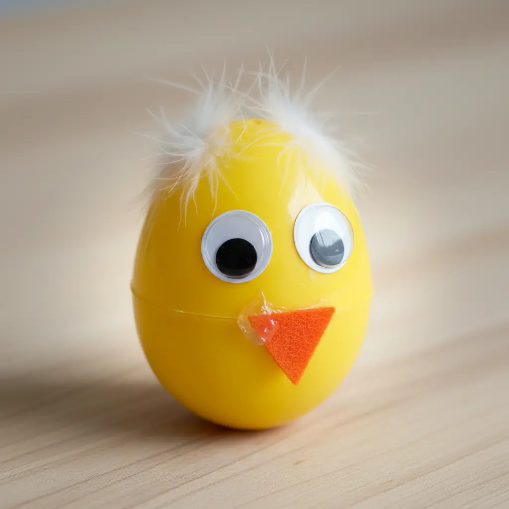 A yellow egg decorated with large googly eyes, an orange felt beak, and feathers to resemble a fluffy chick.