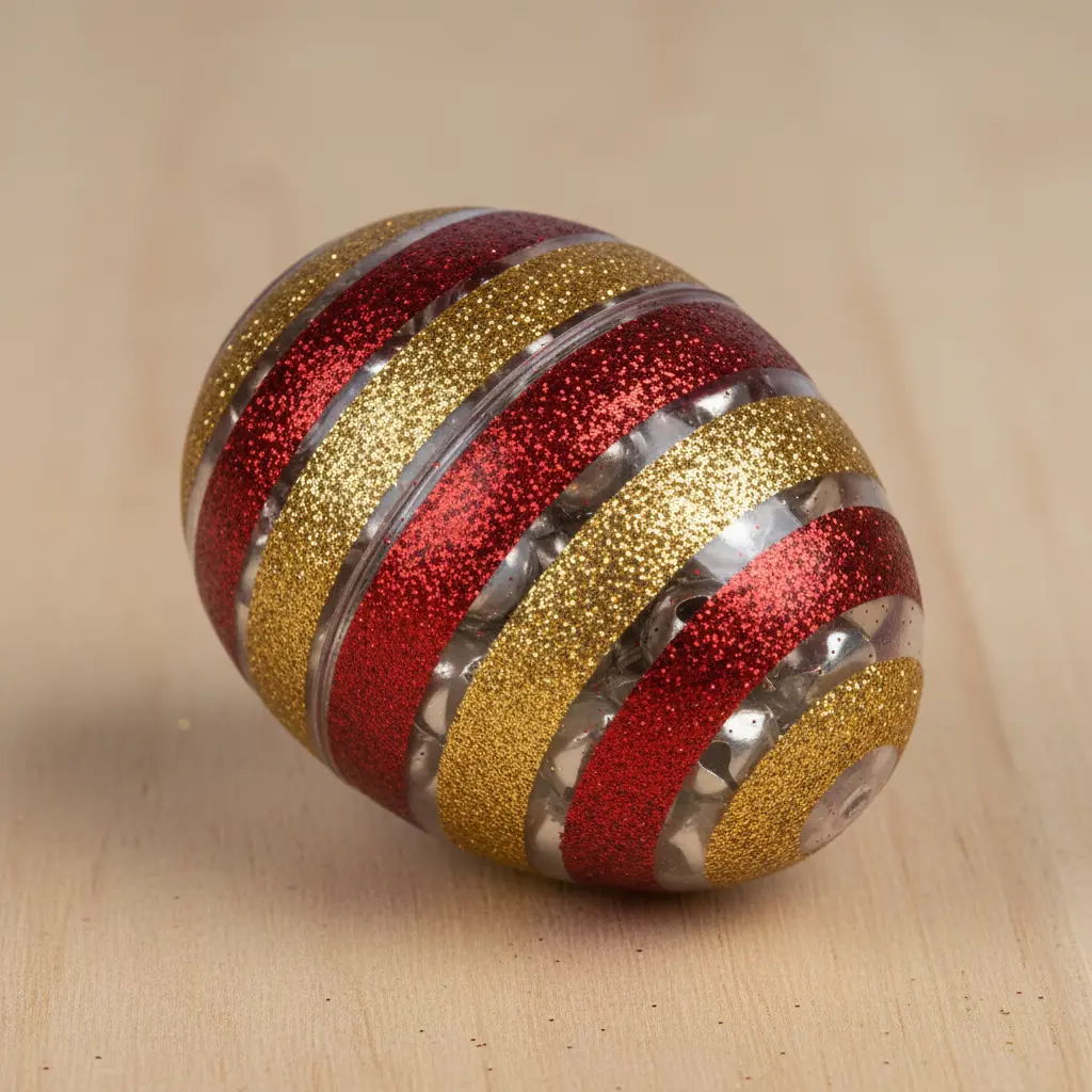 A clear plastic egg filled with red and gold glitter, with alternating glitter and plain stripes on the outside.