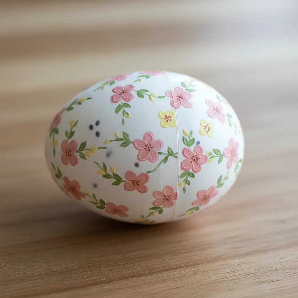 A white egg hand-painted with tiny pink and yellow flowers and green leaves, resembling a spring garden.
