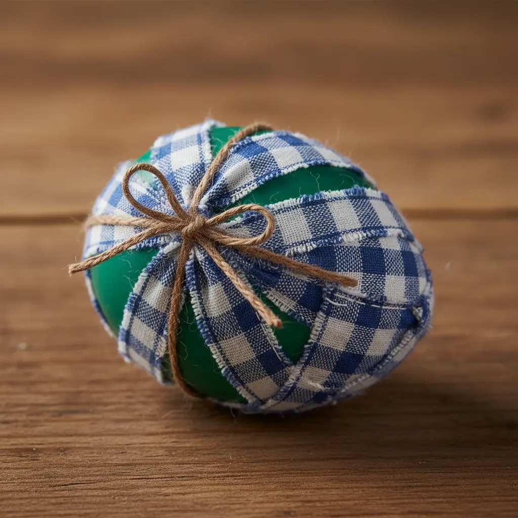 A green egg wrapped snugly in woven gingham fabric, secured with a narrow ribbon bow for a soft tactile feel.