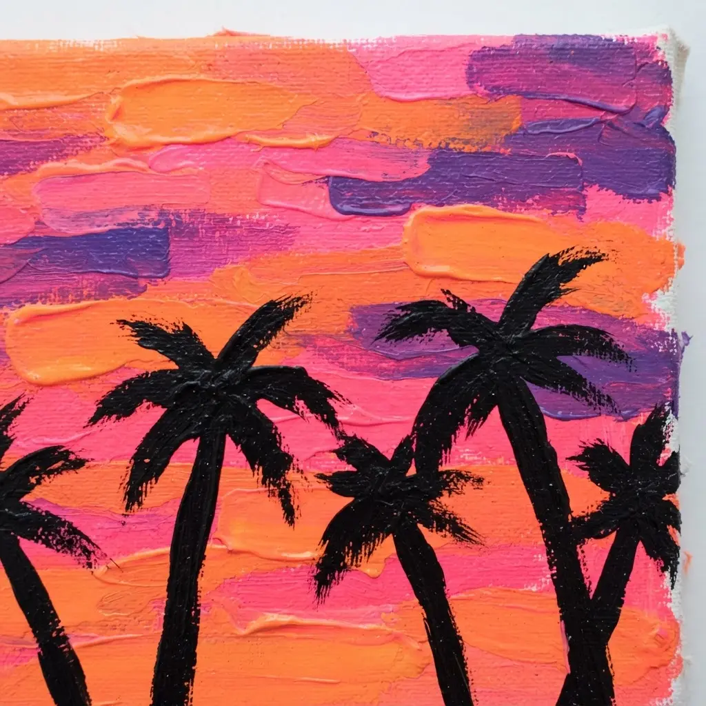 A child's canvas painting showing black palm tree silhouettes against a vibrant neon sunset background.