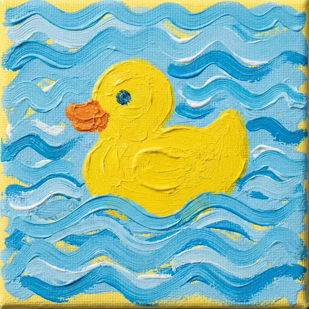 A bright yellow rubber duck painted on a canvas with simple blue wavy lines representing bath water.