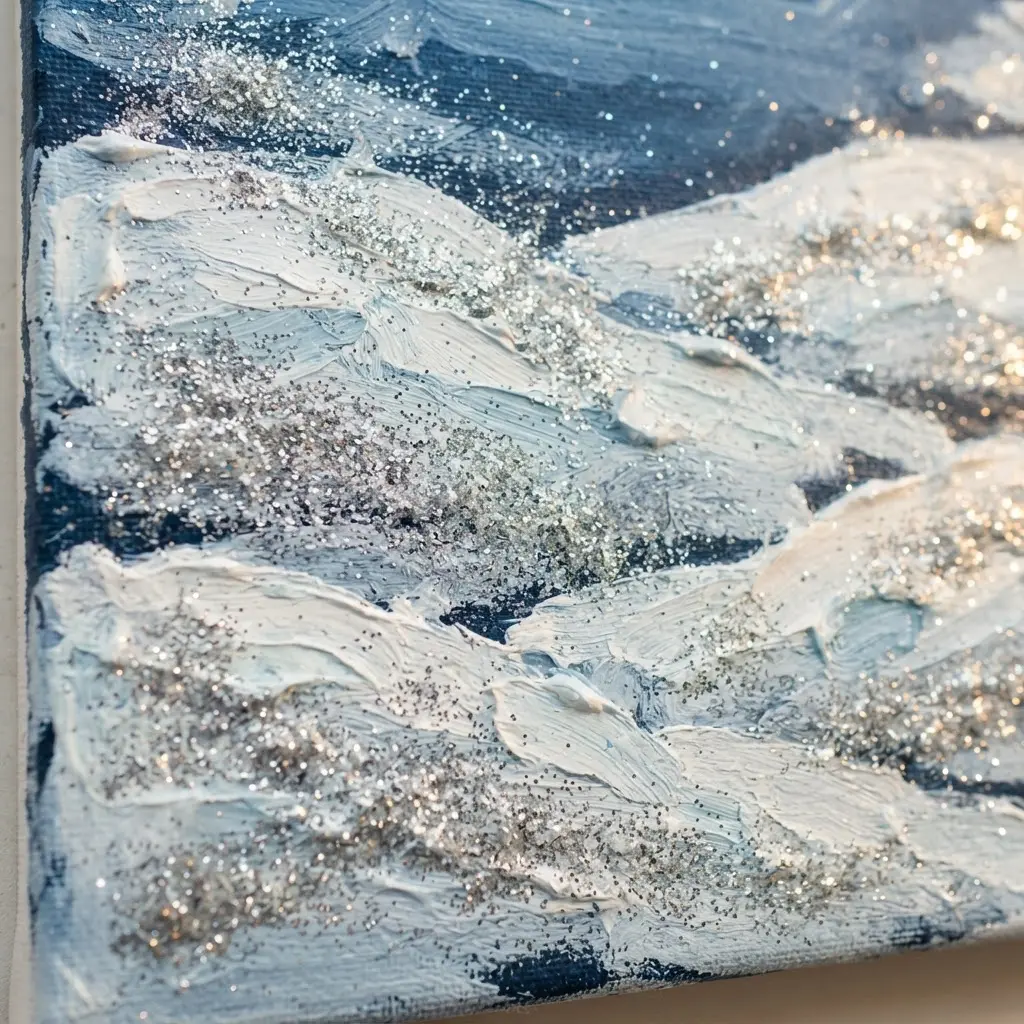 A winter landscape on a dark blue canvas with white painted snowdrifts and sparkling snowflake shapes.